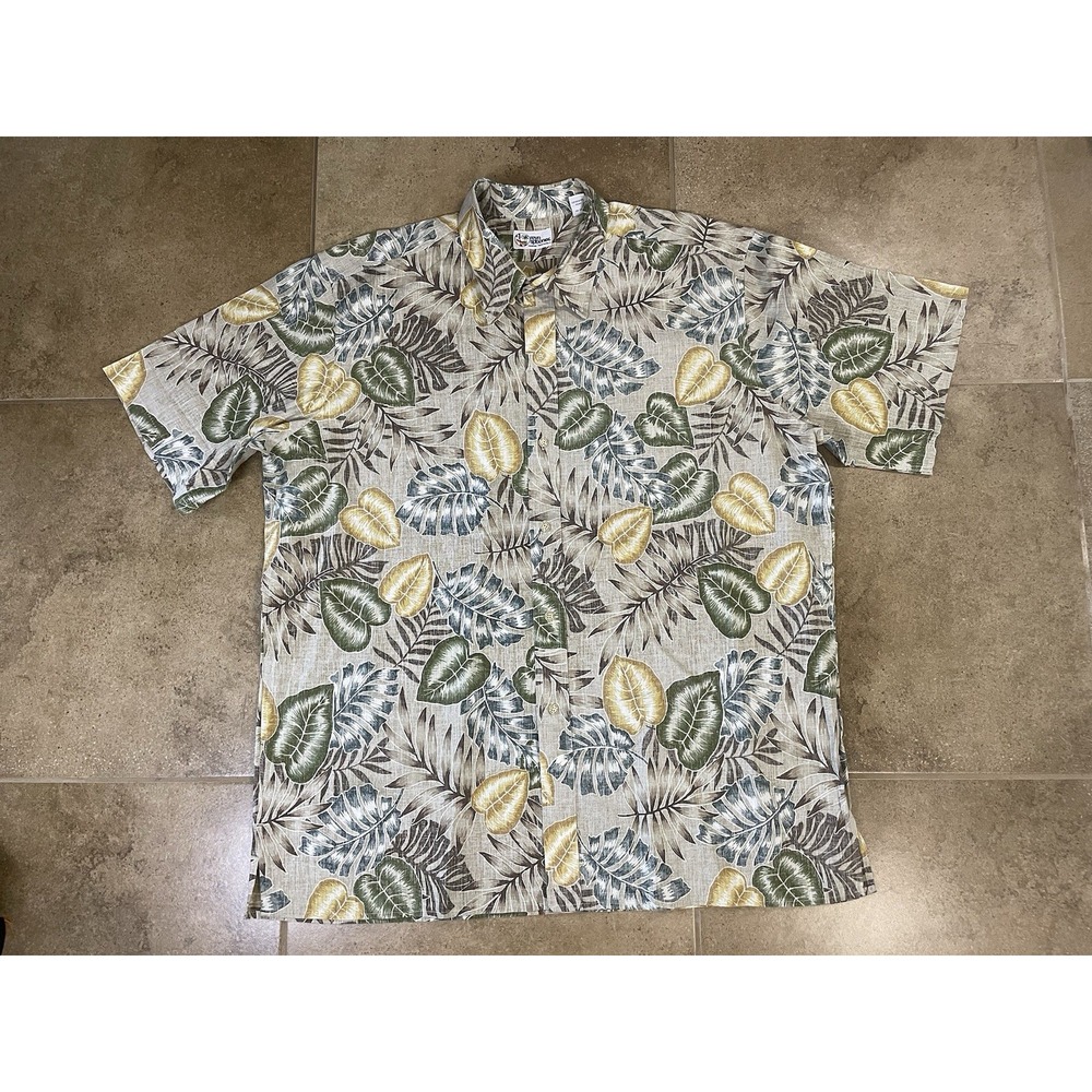 Reyn Spooner Shirt Mens Sz 2XL Blue Hawaiian Leaf Floral Short Sleeve Button Up